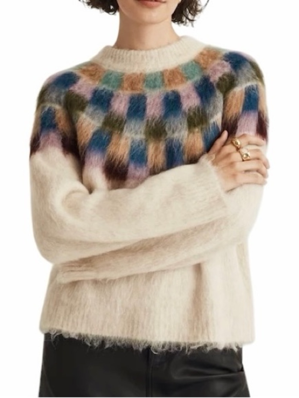 Madewell Brushed Knit Checkerboard Fair Isle Sweater NO058 Heather Ecru Size XL